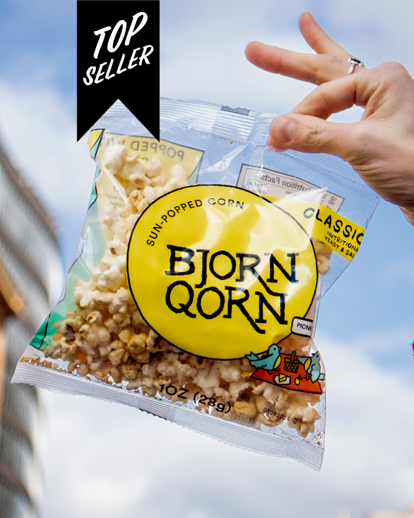 Small bag of Bjorn Qorn's Classic popcorn with a 'Top Seller' banner. 