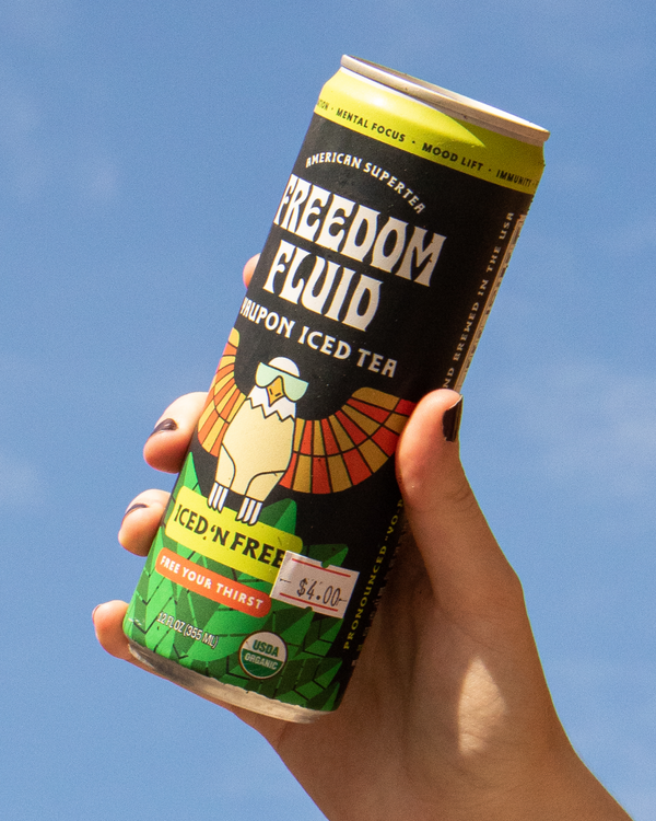 Hand holding a can of Freedom Fluid Iced 'n Free against an open sky. 