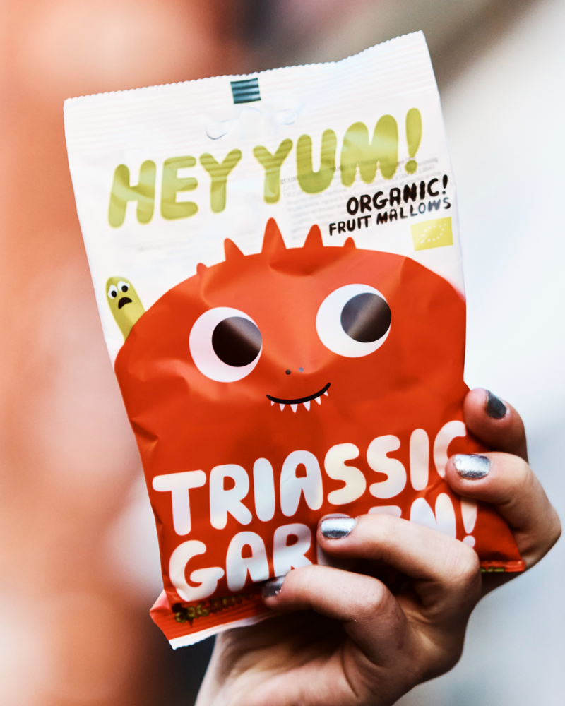 Hand holding a package of Hey Yum! organic Triassic Garden fruit mallow gummies against a blurred background.