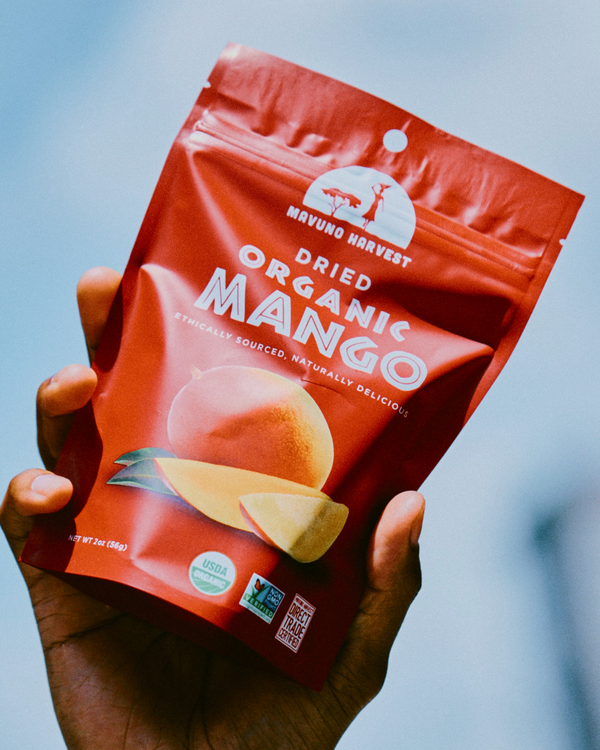 Hand holding a package of Mavuno Harvest dried organic mangoes against a blurred sky.